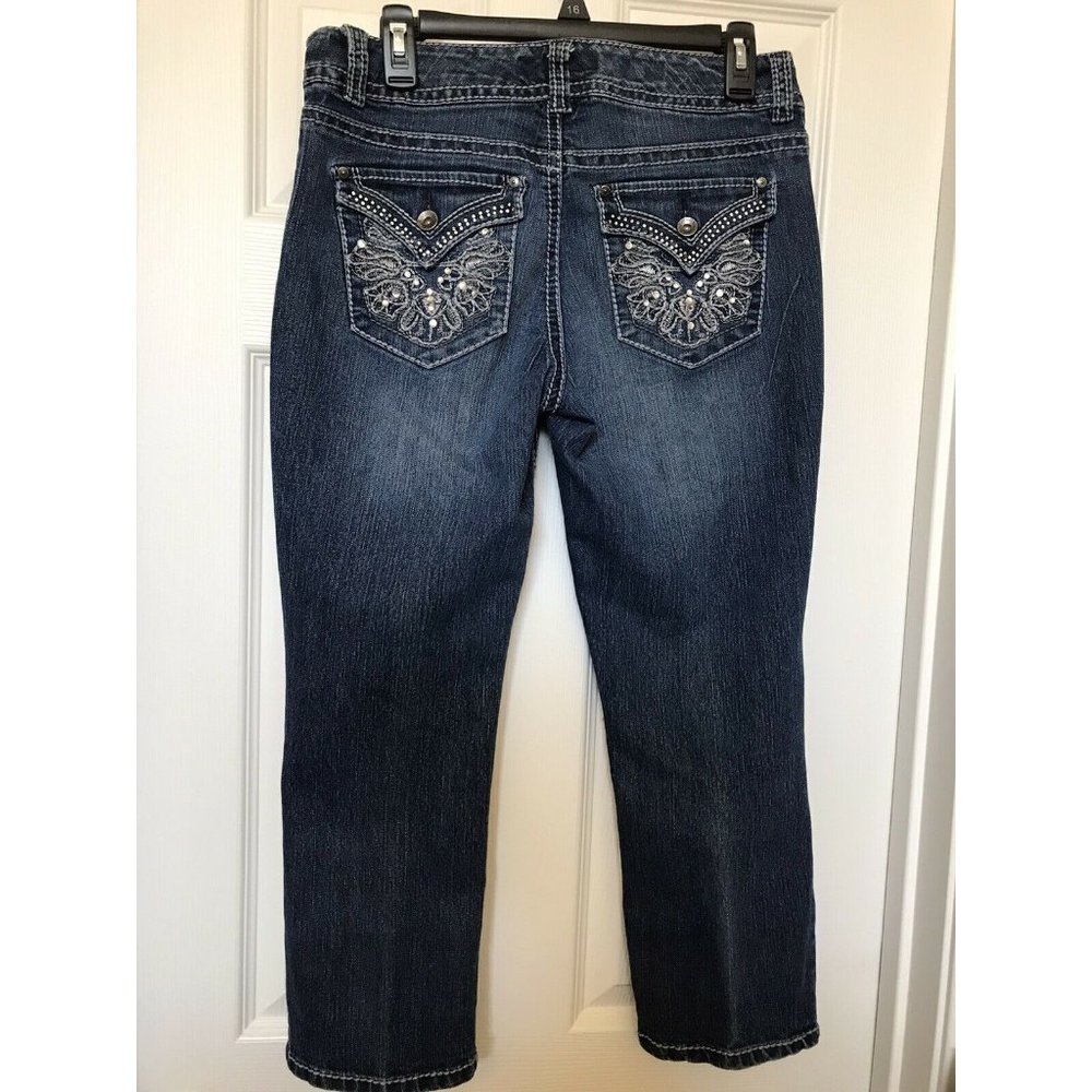 Nine West Indigo Blue Jeans Bling Back Flap Pockets Date Night Fit 28/6 GUC - Picture 7 of 7
